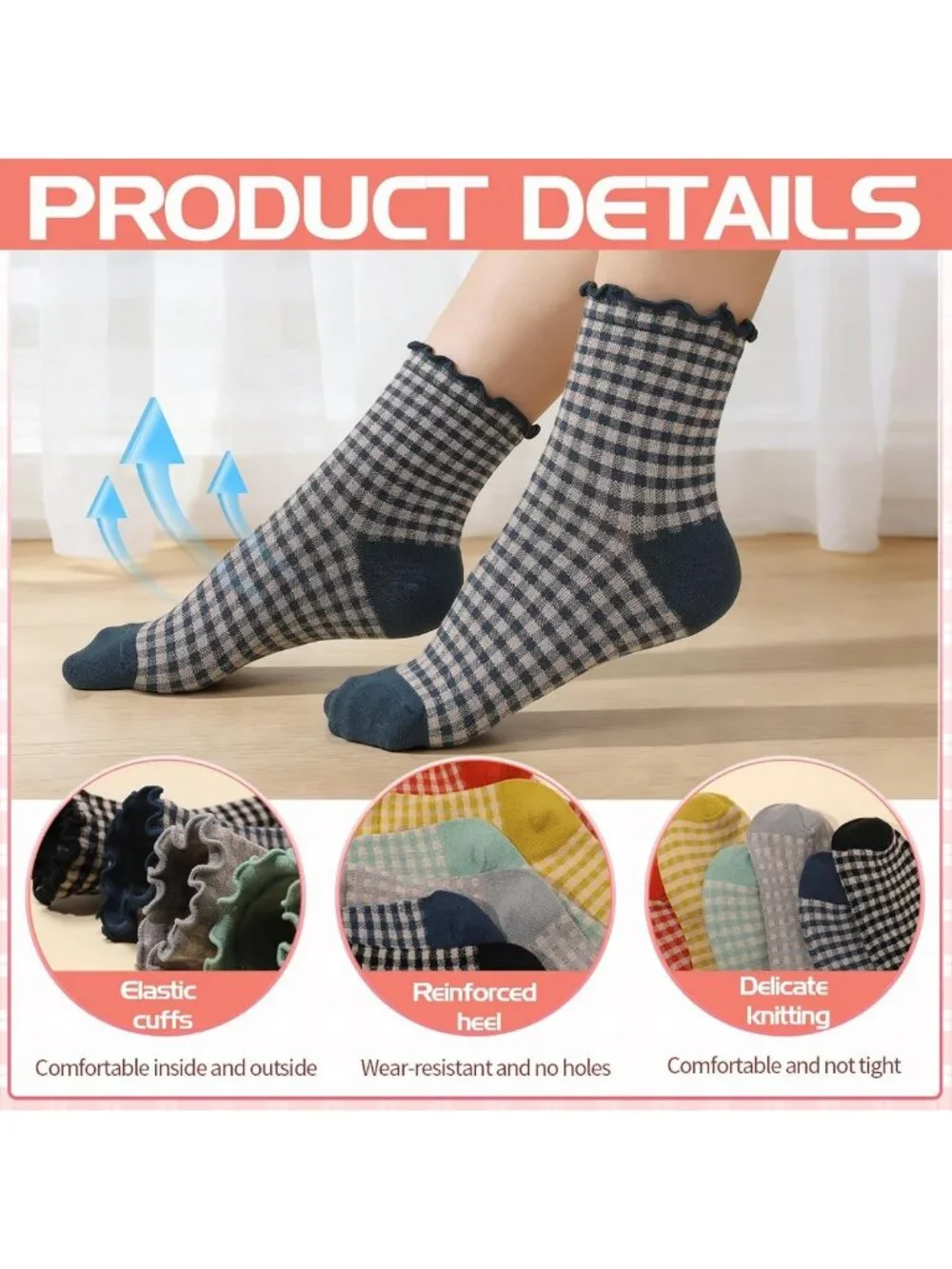 6 Pairs Cute Ruffle Striped Ankle Socks - Frilly Cotton Knit Casual Crew Socks